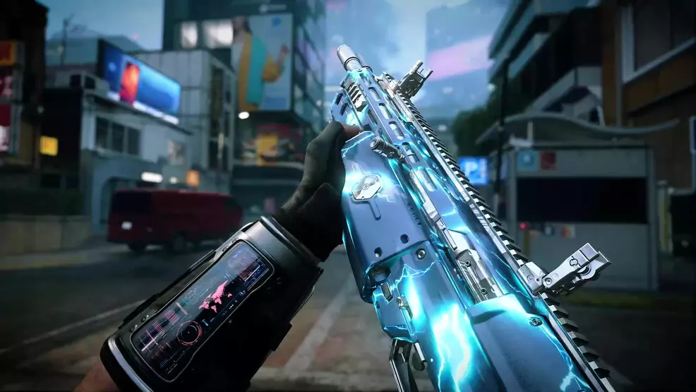 BO7 MP camo - Tempest: arcs of blue lightning across the weapon