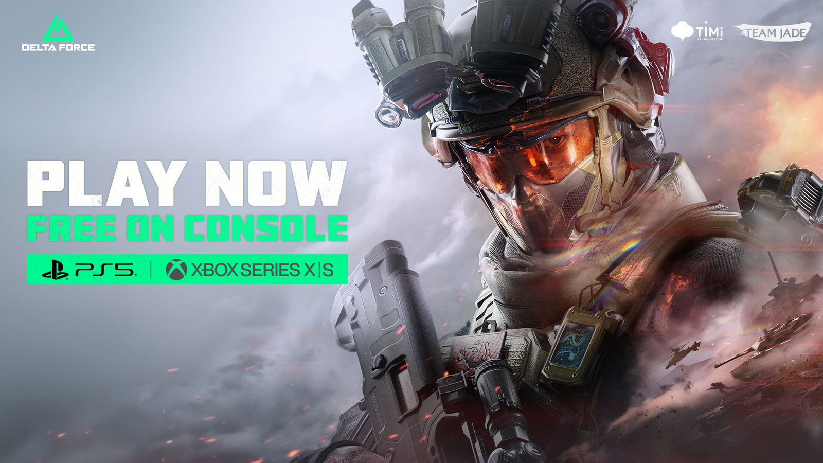 Delta Force on PS5 and Xbox—Soldiers and helicopters in Warfare 32v32 combat under night sky with tracer fire